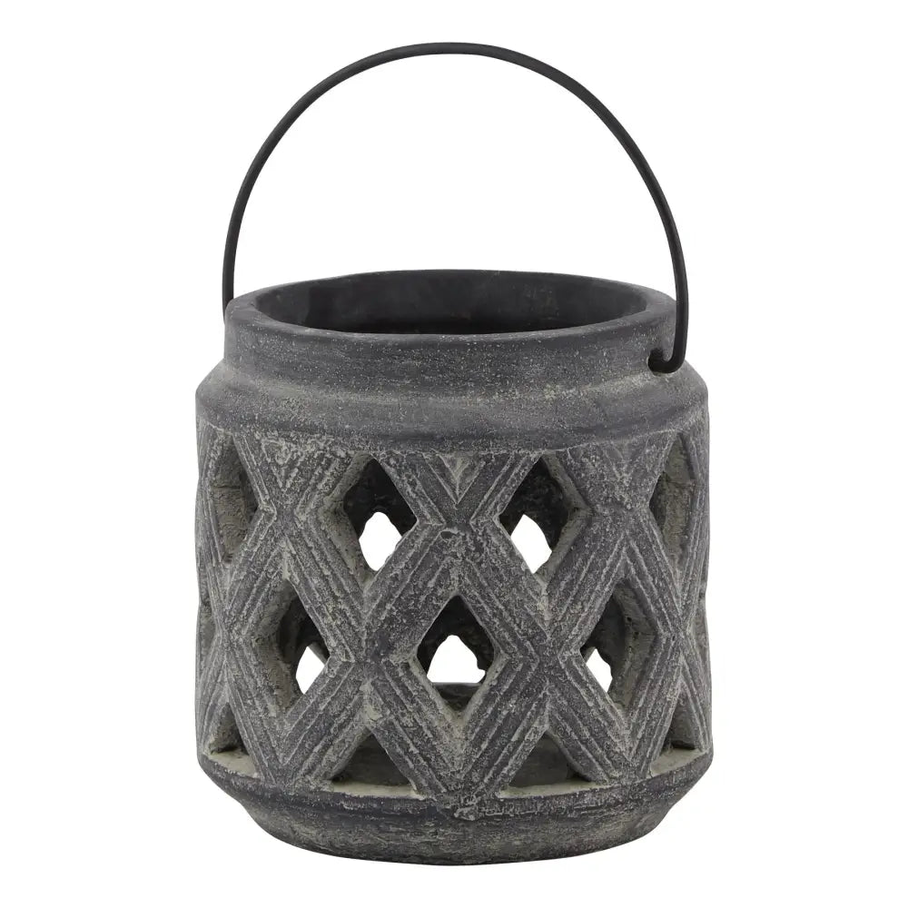 Amalfi Grey Lattice Lantern in Grey Ceramic with Metal HandleCandle HolderChic & Co Home LTD